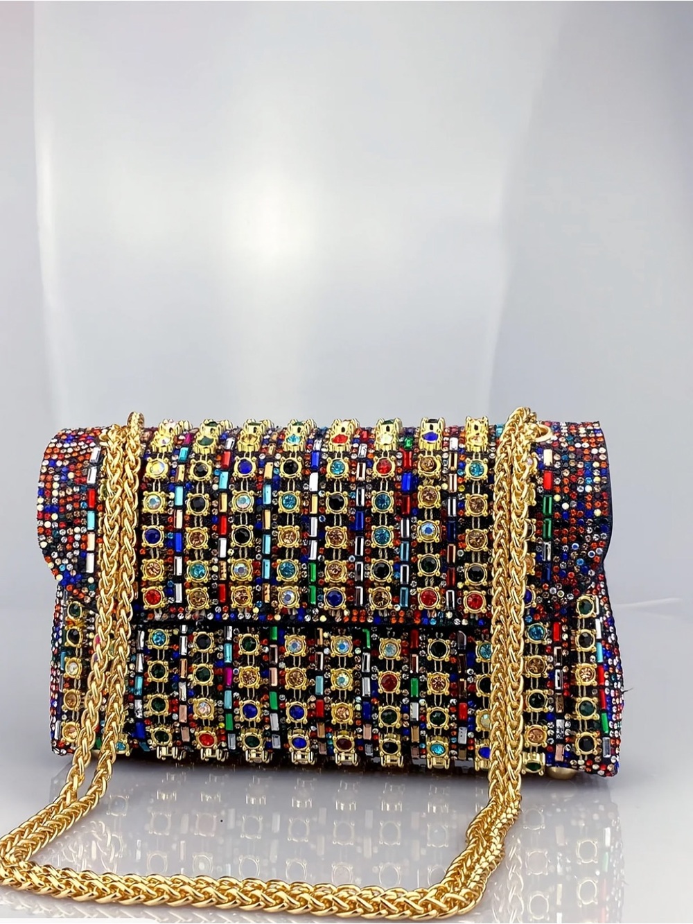 Multicolor Jeweled Chain Clutch with Gold Chain Strap